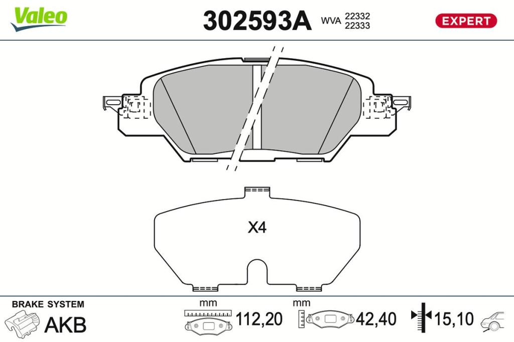 Jeu de 4 plaquettes de frein VALEO ref. 302593A